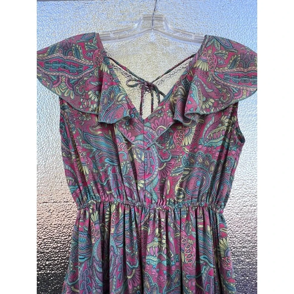 Boemo Pink Teal Paisley Ruffle Tiered Maxi Dress Boho Tassel Back Womens Medium‎